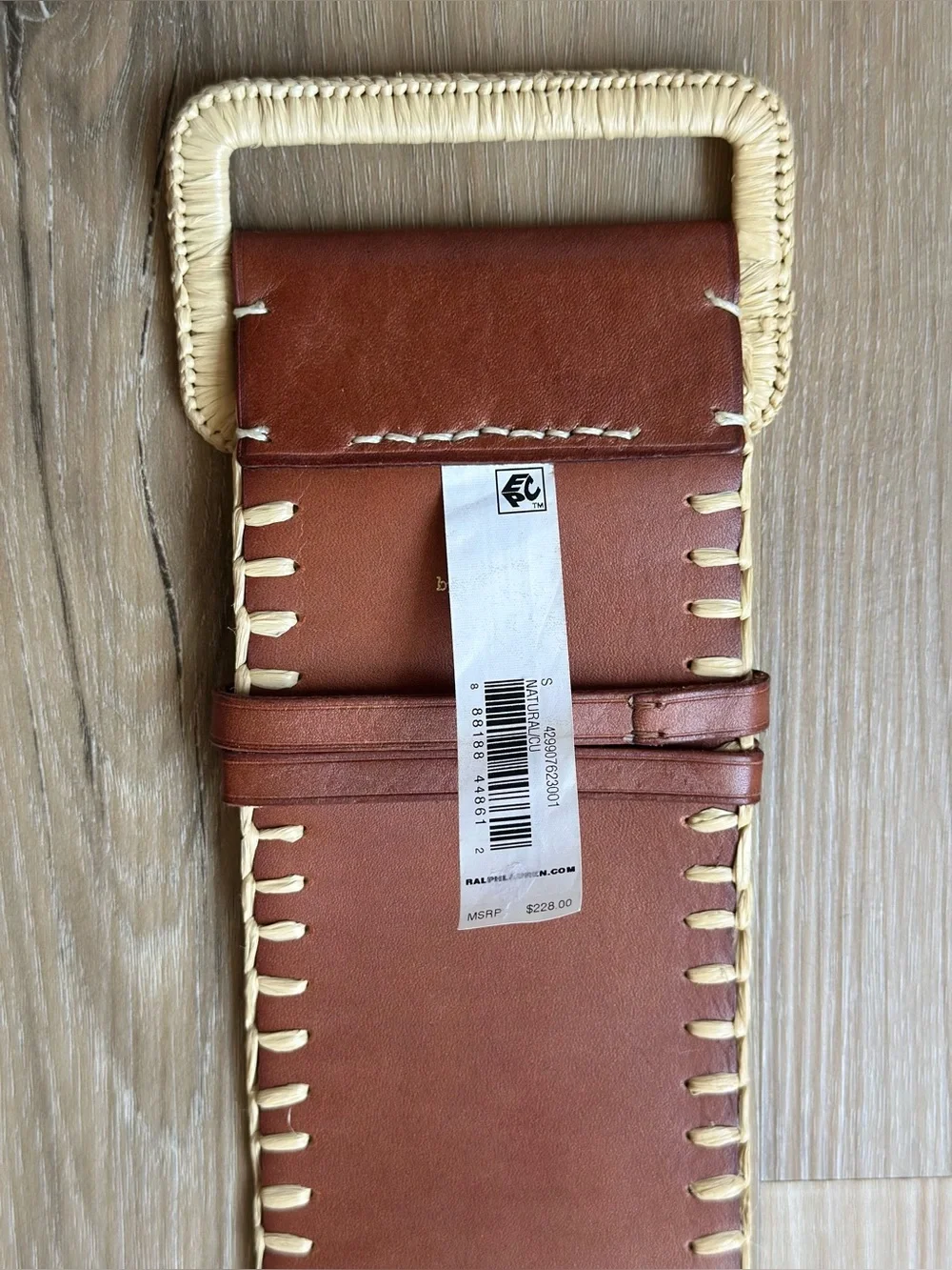 Polo Ralph Lauren Raffia Belt Beige Brown Woven Leather Trim Whipstitch Womens S